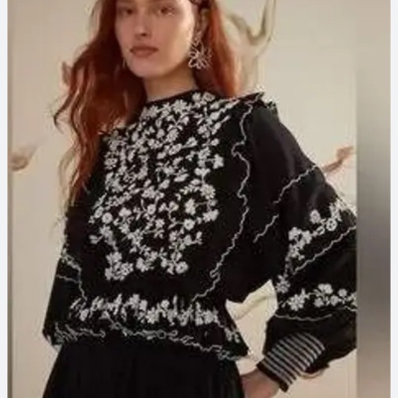 Calypso St. Barth Tops - Calypso Black Floral Embroidered Puff-Sleeve Top